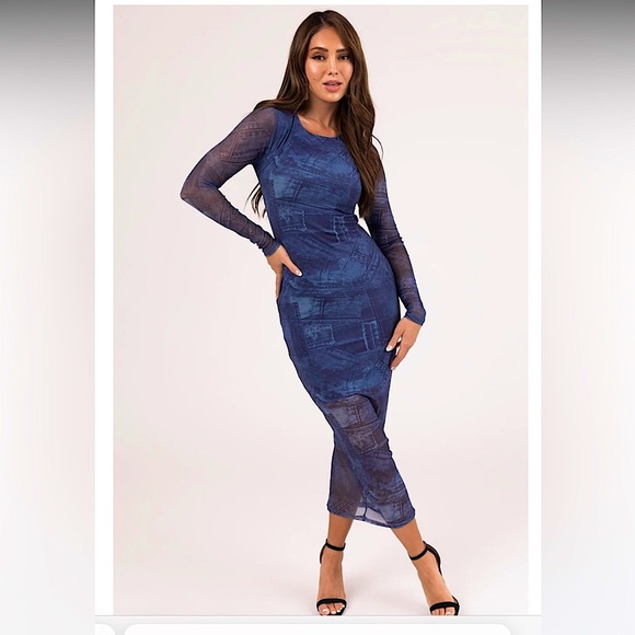 NWT’s Almost Famous Denim Print mesh Maxi Dress - Picture 3 of 12